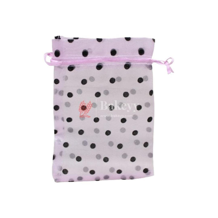 5x7 Inch | Polka Dots Organza Potli Bags | Pack of 100 | Light Pink Color | Candy Bag - Bakeyy.com