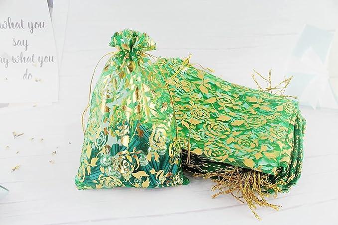5x7 Inch | Printed Organza Potli Bags | Pack of 80 | Light Green Colour | Candy Bag - Bakeyy.com