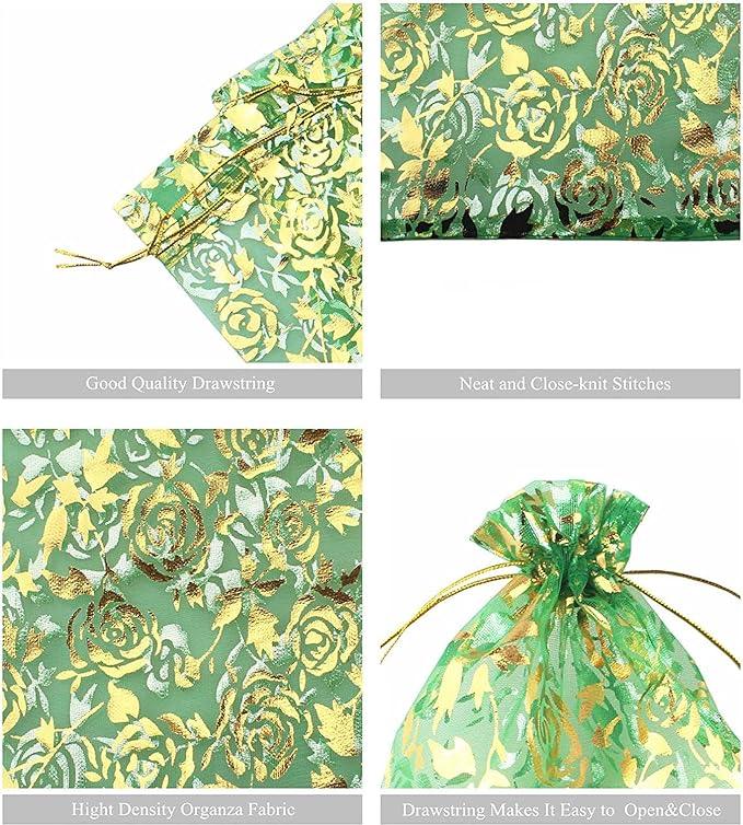 5x7 Inch | Printed Organza Potli Bags | Pack of 80 | Light Green Colour | Candy Bag - Bakeyy.com
