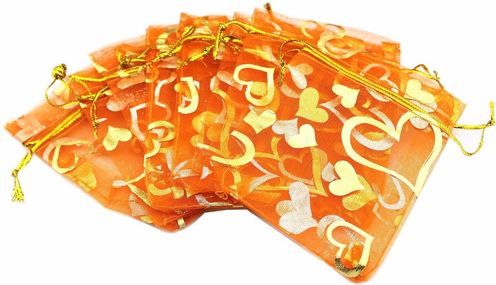 5x7 Inch | Printed Organza Potli Bags | Pack of 80 | Orange Colour | Candy Bag - Bakeyy.com