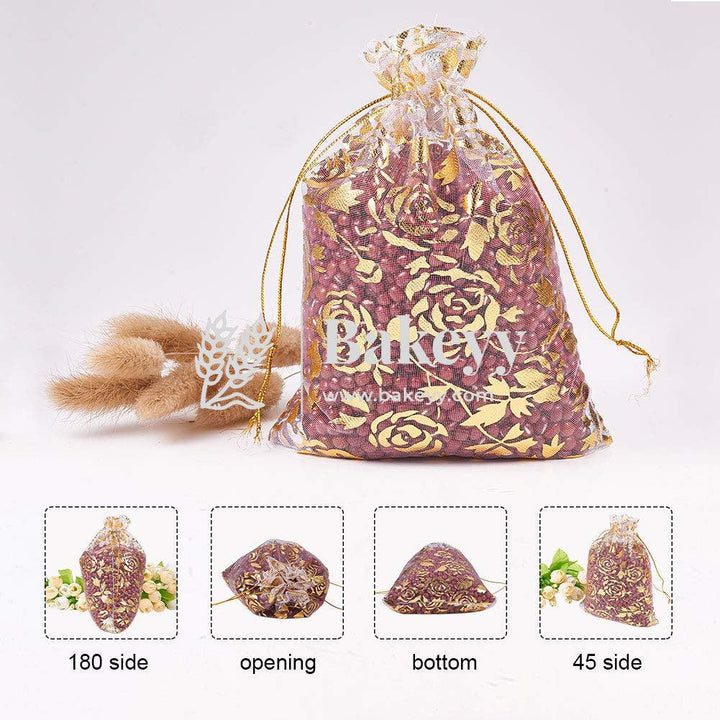 5x7 Inch | Printed Organza Potli Bags | Pack of 80 | Pink Colour | Candy Bag - Bakeyy.com