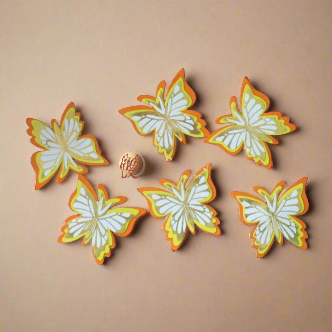 6 Pcs Enchanting Accents: Shiny Butterfly Cake Toppers | 3D Butterfly Decorations - Bakeyy.com - India - 6 Pcs Enchanting Accents: Shiny Butterfly Cake Toppers | 3D Butterfly Decorations - Design 4 - Orange