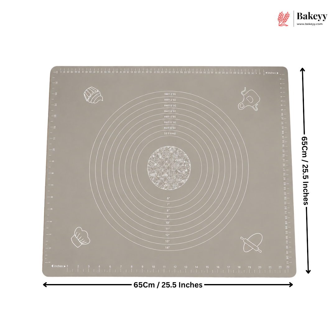 Gray baking mat with measurement markings and Bakey branding