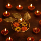 Decorative Golden Urli Bowl with Leaf & Diya Design| 1 Piece