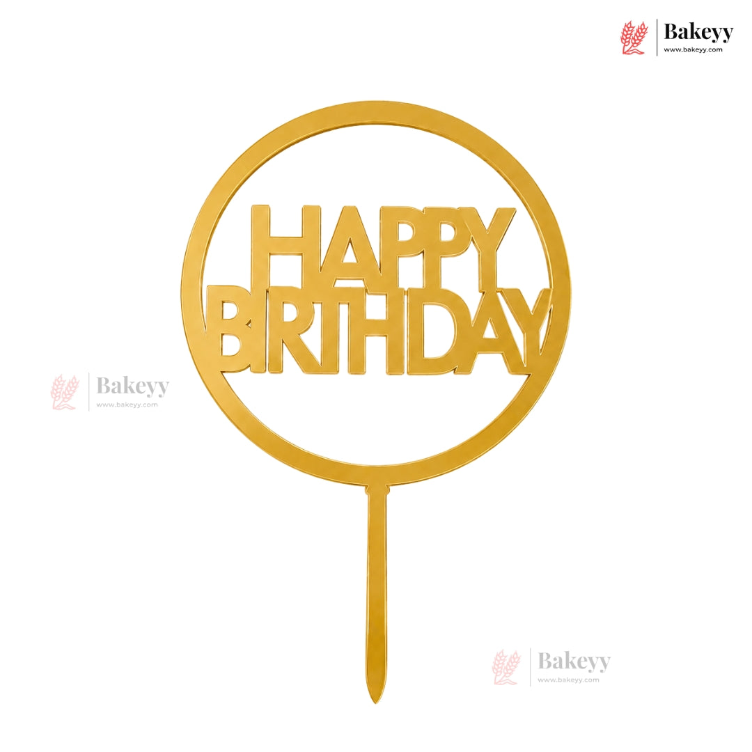 Gold 'Happy Birthday' cake topper on a white background with Bakeyy branding.