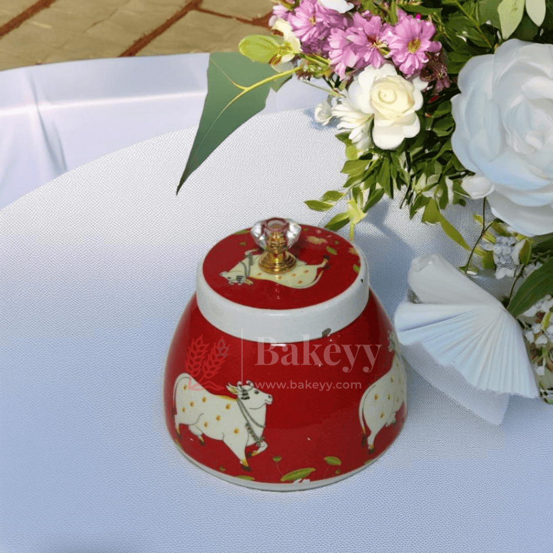 Red Ceramic Cow & Lotus Dry Fruit Jar - Bakeyy.com - India - Red Ceramic Cow & Lotus Dry Fruit Jar - Default Title