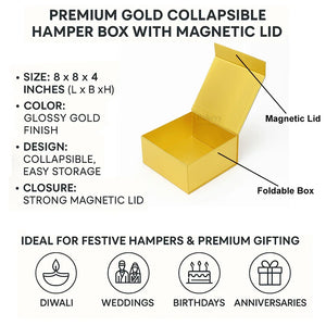 Premium Gold Collapsible Hamper Box with Magnetic Lid | Pack of 1 - Bakeyy.com - India - Premium Gold Collapsible Hamper Box with Magnetic Lid | Pack of 1 - 8x8x4 Inch