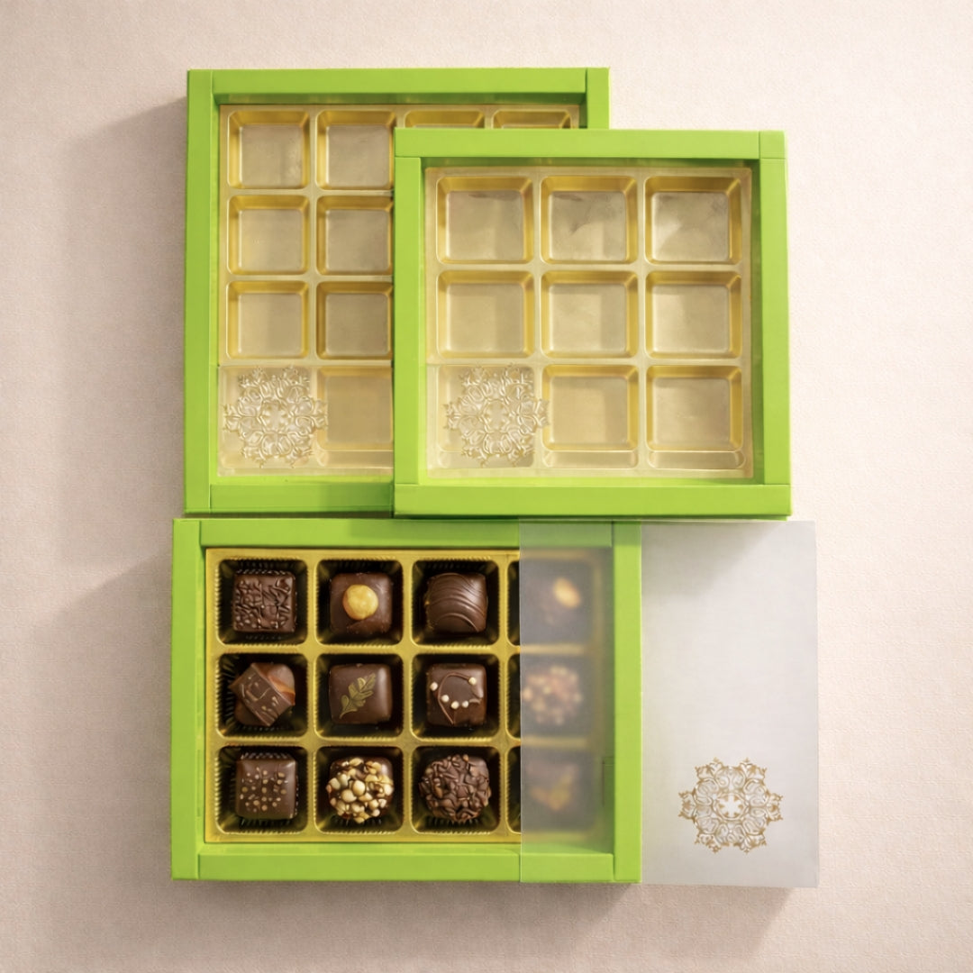 green Sliding Chocolate Box with Gold Cavity | Premium Rigid Gift Box for Chocolates | Pack of 10 (Copy) (Copy)