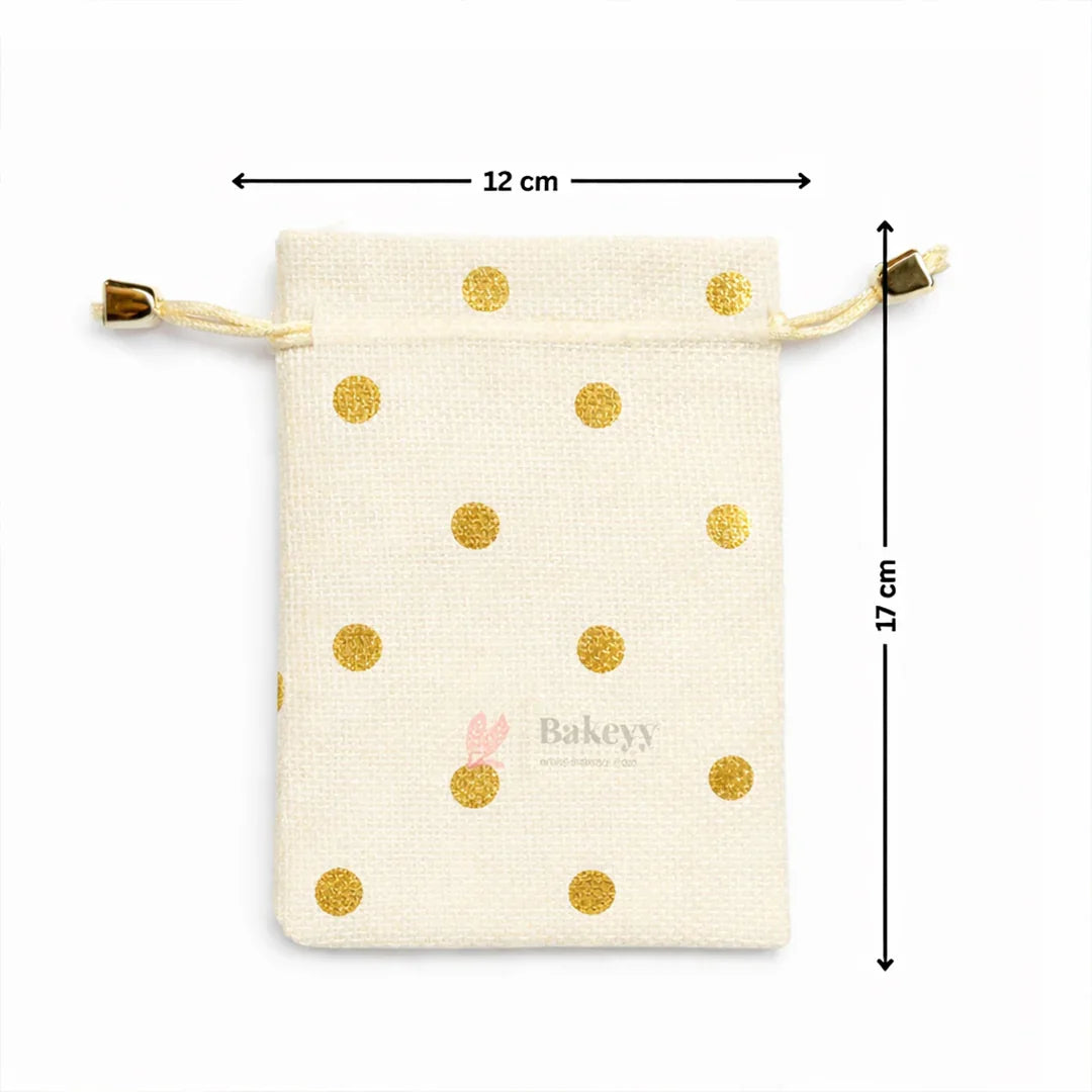 Polka Dot Jute Potli Bags with Golden Drawstring | Reusable Gift Pouches (Multiple Sizes) | Pack of 10 - Bakeyy.com - India - Polka Dot Jute Potli Bags with Golden Drawstring | Reusable Gift Pouches (Multiple Sizes) | Pack of 10 - Silver Polka Dot / 10x14 0.00
