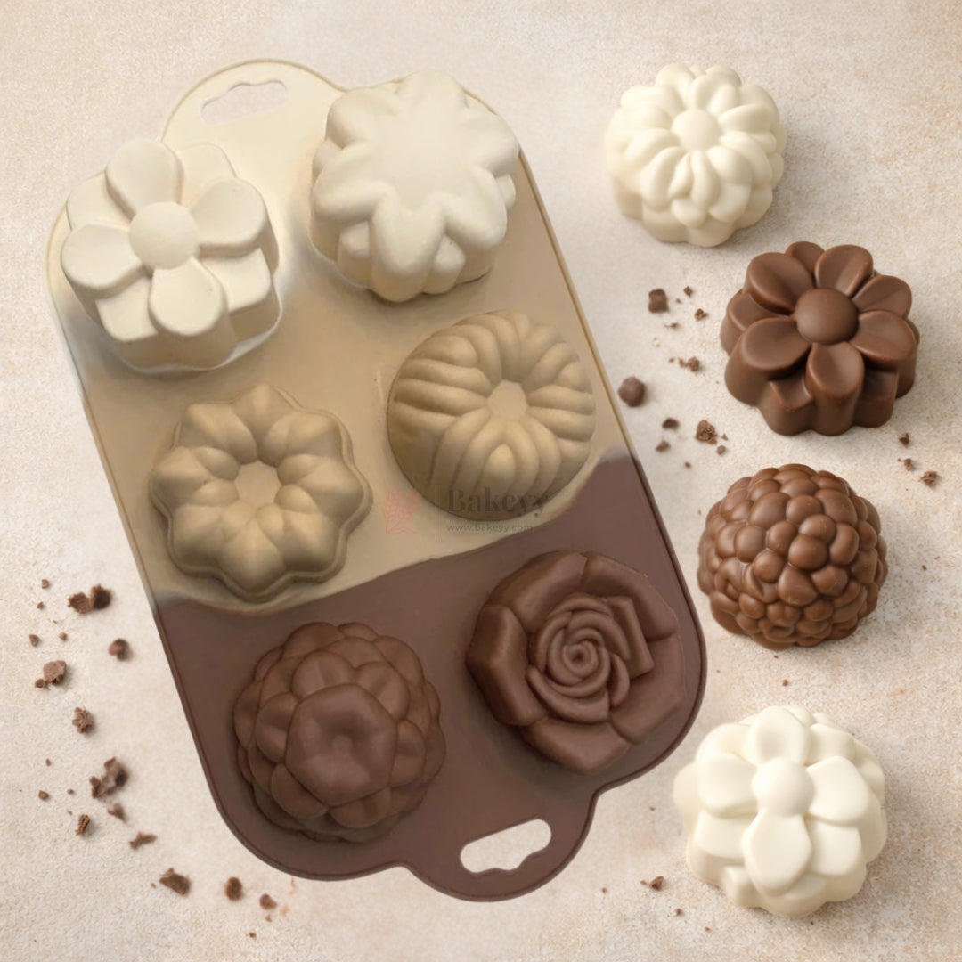 6 Cavity Daisy, Petal Flower, Star Flower, Fluted Ring, Raspberry Dome & Rose Silicone Chocolate Mould | Pack of 1