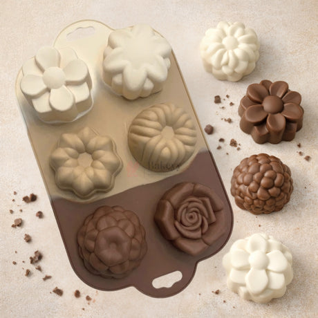 6 Cavity Daisy, Petal Flower, Star Flower, Fluted Ring, Raspberry Dome & Rose Silicone Chocolate Mould | Pack of 1
