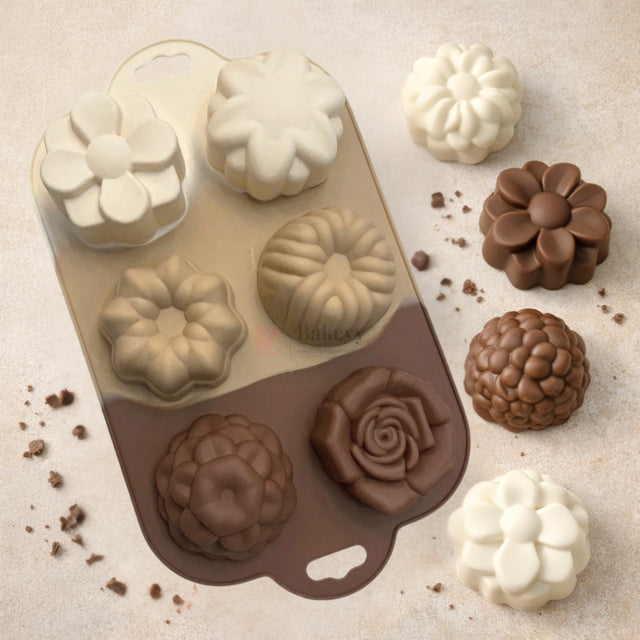 6 Cavity Daisy, Petal Flower, Star Flower, Fluted Ring, Raspberry Dome & Rose Silicone Chocolate Mould | Pack of 1