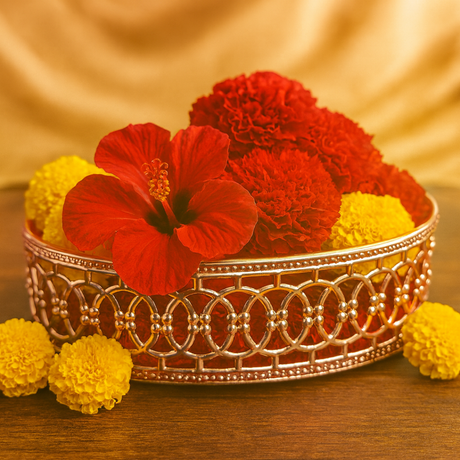 Decorative arrangement of red and yellow flowers in a metallic basket on a wooden surface.
