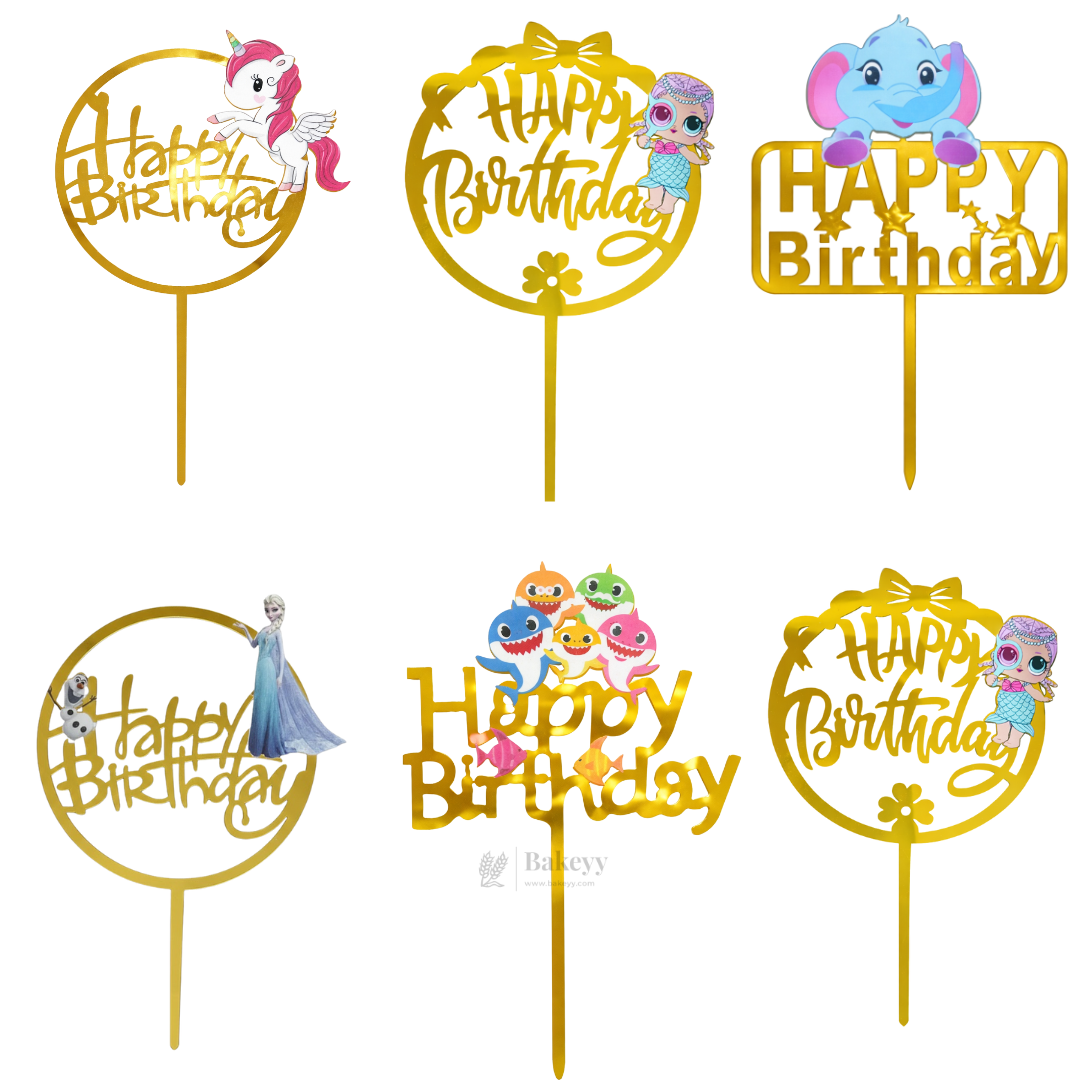 6 Inch | Kids Cartoon Happy Birthday Cake Topper | Gold Cartoon Theme | Pack of 5