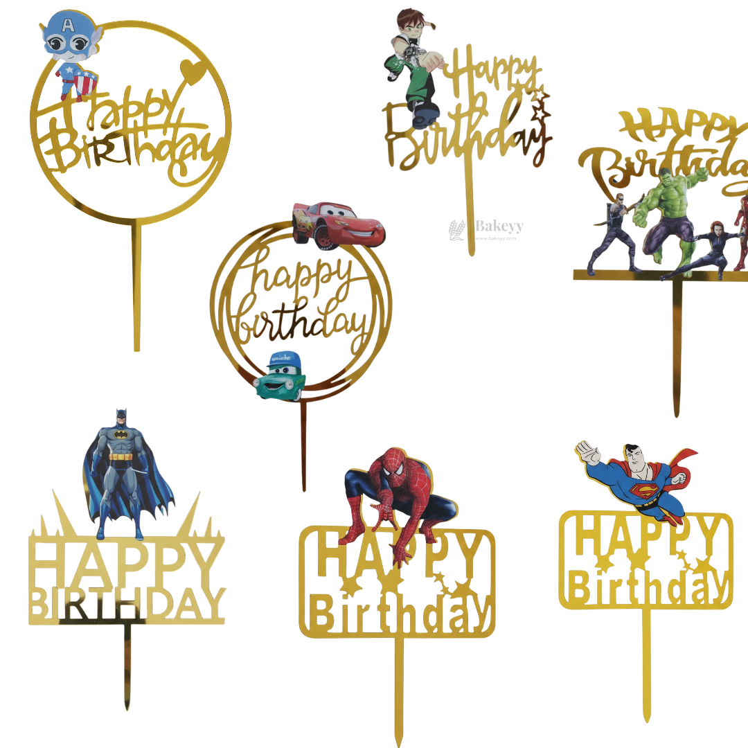 6 inch | Golden Cartoon Happy Birthday Cake Topper for Kids Birthday Party | Cartoon & Superhero Theme Cake  Decoration | Pack of 5