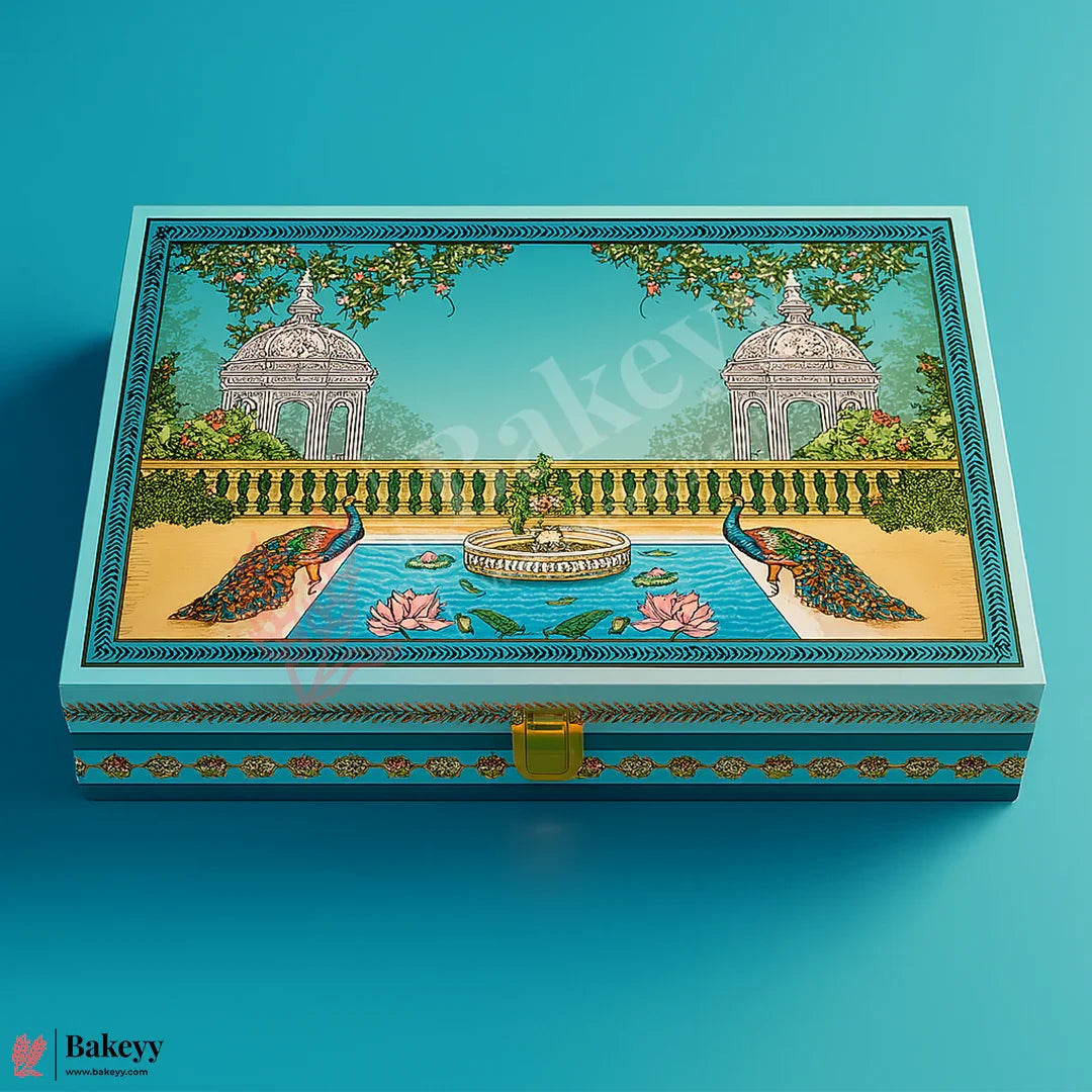 30x20x5cm| Premium Peacock Themed MDF Hamper Box with Gold Compartments – 4 Section Gift Box for Rakhi & Dry Fruits |