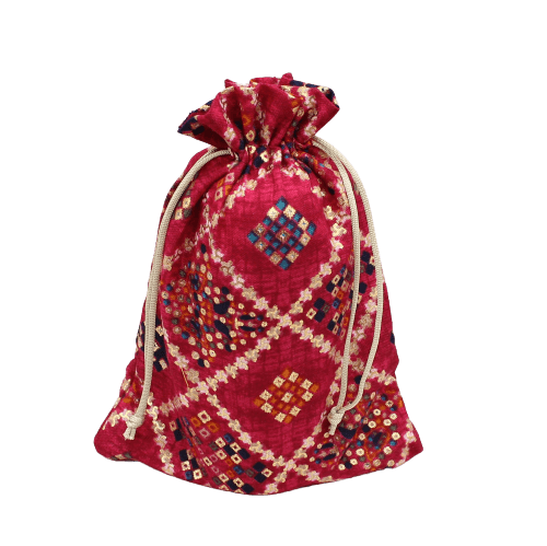 6x8 Bandhini Potli Bag Return Gifts For Ladies | Rose Pink Colour | Pack Of 10 - Bakeyy.com