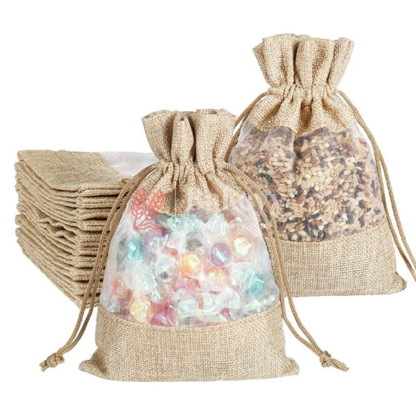 6x8 Inch Natural Jute | Jute Potli Window Bag | Gift Return Gifts Bags | Drawstring Bags - Bakeyy.com