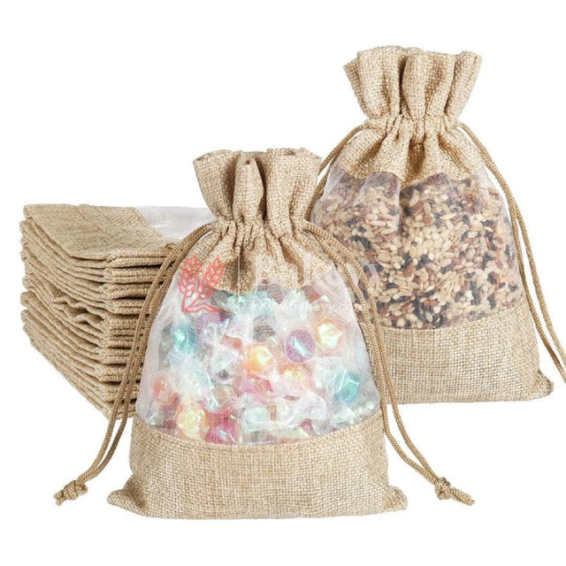 16x20 CM | Natural Jute | Jute Potli Window Bag | Gift Return Gifts Bags | Drawstring Bags - Bakeyy.com - India - 16x20 CM | Natural Jute | Jute Potli Window Bag | Gift Return Gifts Bags | Drawstring Bags - Pack Of 10 / 5303 / 6x8 Inch