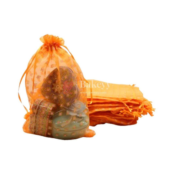 6x8 Inch | Dotted Designs Organza Potli Bags | Pack of 50 | Orange Color | Candy Bag - Bakeyy.com