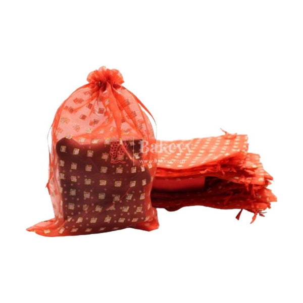 6x8 Inch | Dotted Designs Organza Potli Bags | Pack of 50 | Red Color | Candy Bag - Bakeyy.com