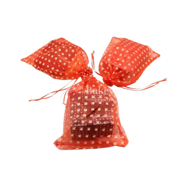 6x8 Inch | Dotted Designs Organza Potli Bags | Pack of 50 | Red Color | Candy Bag - Bakeyy.com