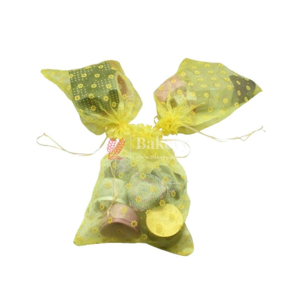 6x8 Inch | Floral Dots Designs Organza Potli Bags | Pack of 50 | Yellow Color | Candy Bag - Bakeyy.com