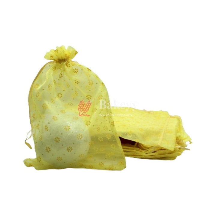 6x8 Inch | Floral Dots Designs Organza Potli Bags | Pack of 50 | Yellow Color | Candy Bag - Bakeyy.com