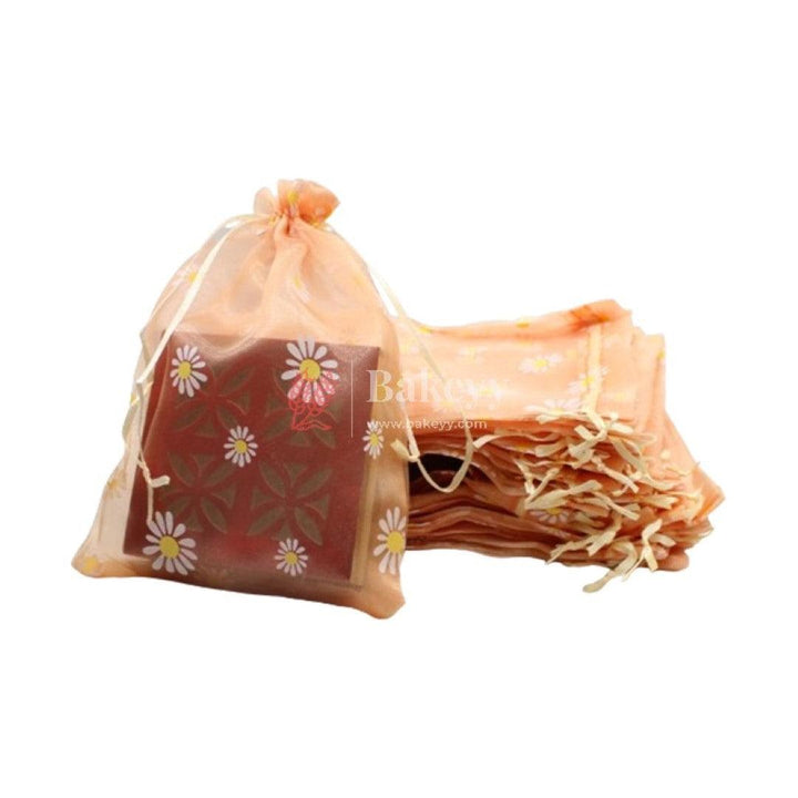 6x8 Inch | Floral Organza Potli Bags | Pack of 50 | Orange Color | Candy Bag - Bakeyy.com