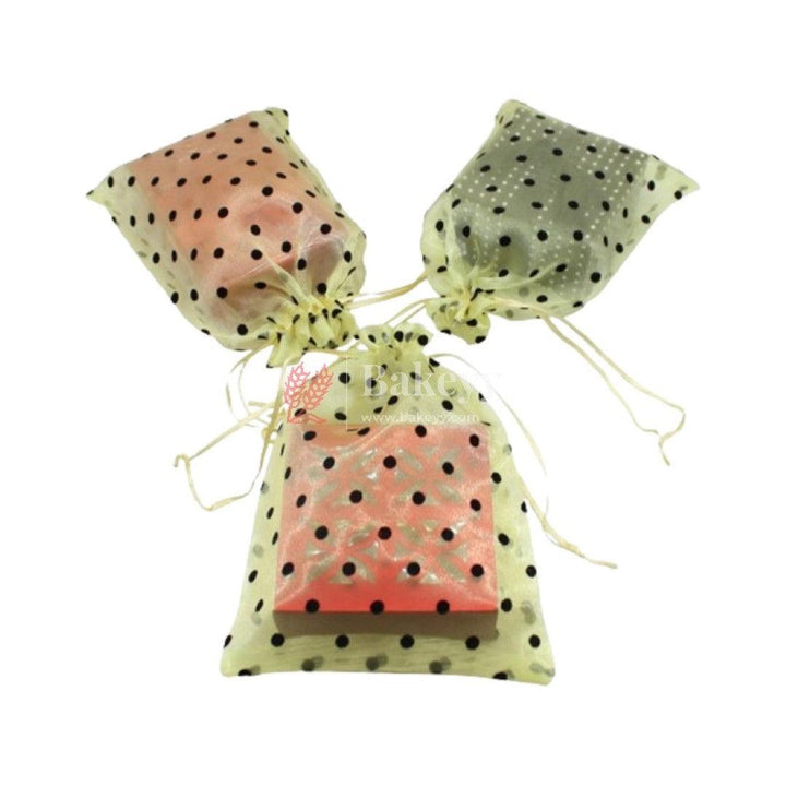 6x8 Inch | Polka Dots Organza Potli Bags | Pack of 50 | Yellow Color | Candy Bag - Bakeyy.com