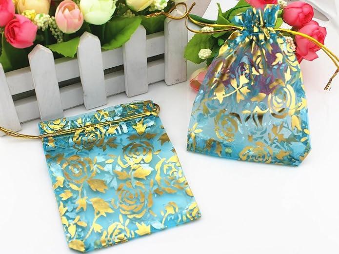 6x8 Inch | Printed Organza Potli Bags | Pack of 40 | Sky Blue Colour | Candy Bag - Bakeyy.com