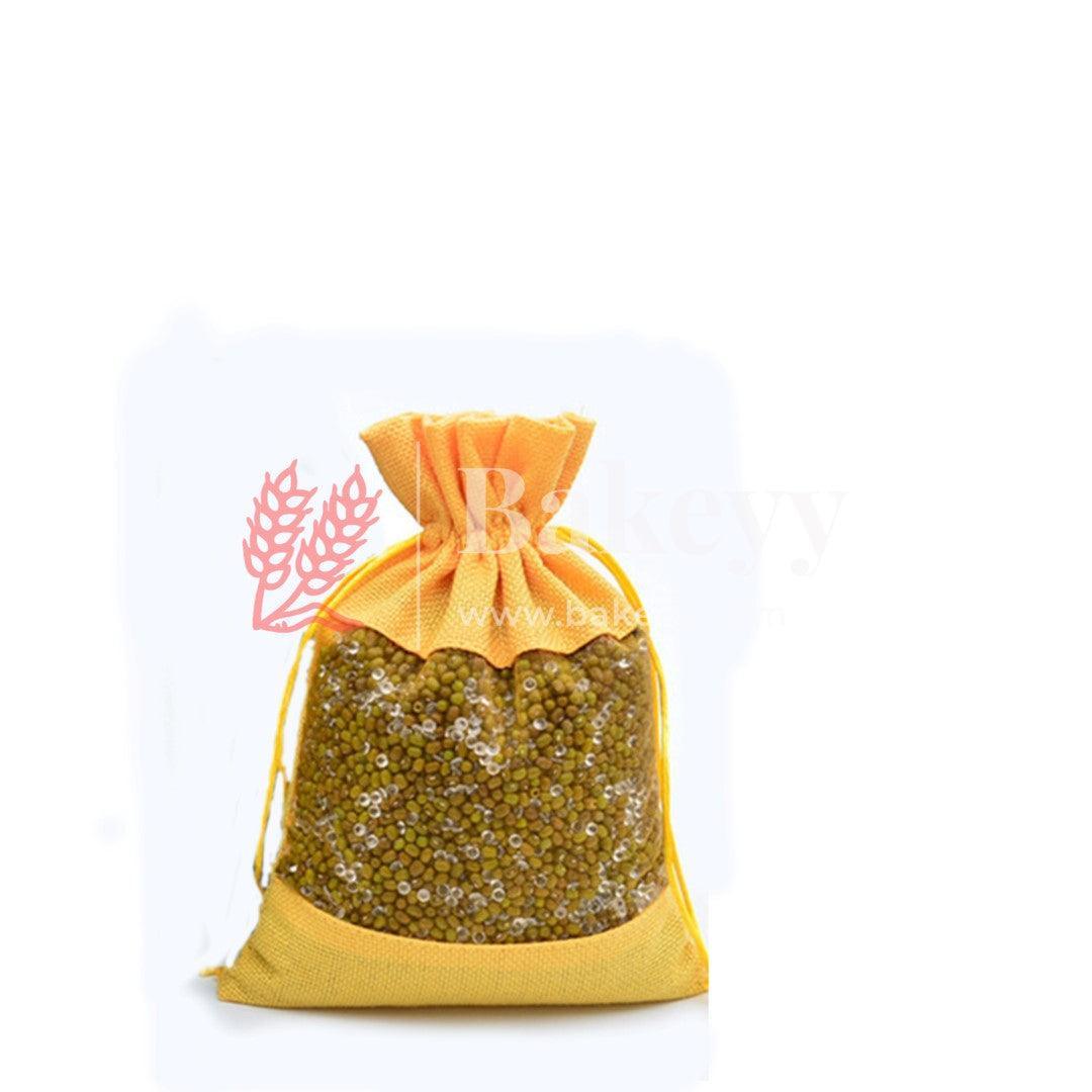 16x20 CM | Yellow | Jute Potli Window Bag | Gift Return Gifts Bags | Drawstring Bags - Bakeyy.com - India - 16x20 CM | Yellow | Jute Potli Window Bag | Gift Return Gifts Bags | Drawstring Bags - Pack Of 10 / 5303 / 6x8 Inch