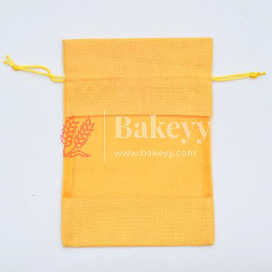 16x20 CM | Yellow | Jute Potli Window Bag | Gift Return Gifts Bags | Drawstring Bags - Bakeyy.com - India - 16x20 CM | Yellow | Jute Potli Window Bag | Gift Return Gifts Bags | Drawstring Bags - Pack Of 10 / 5303 / 6x8 Inch