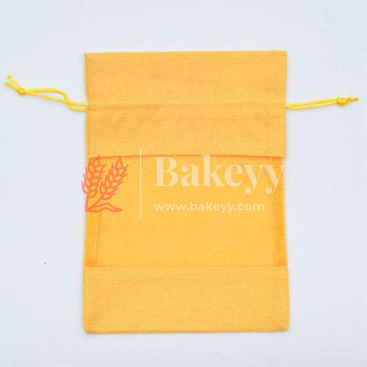 6x8 Inch Yellow | Jute Potli Window Bag | Gift Return Gifts Bags | Drawstring Bags - Bakeyy.com