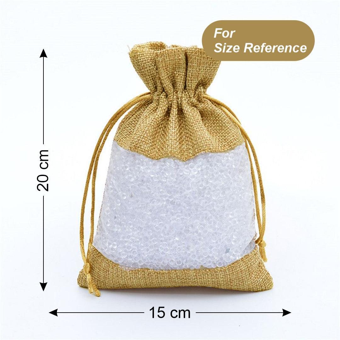 16x20 CM | Yellow | Jute Potli Window Bag | Gift Return Gifts Bags | Drawstring Bags - Bakeyy.com - India - 16x20 CM | Yellow | Jute Potli Window Bag | Gift Return Gifts Bags | Drawstring Bags - Pack Of 10 / 5303 / 6x8 Inch