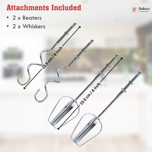 Hand mixer attachments with measurements and Bakeey branding on a blurred background