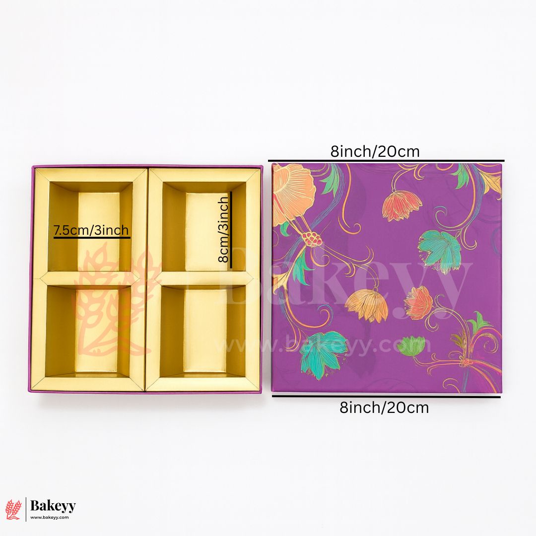 8x8x1.5 Inch | Rigid Chocolate Box | Elegant 4-Compartment Festive Hamper Box | Diwali Sweet box | Dry Fruit Box | Purple | 1 Piece