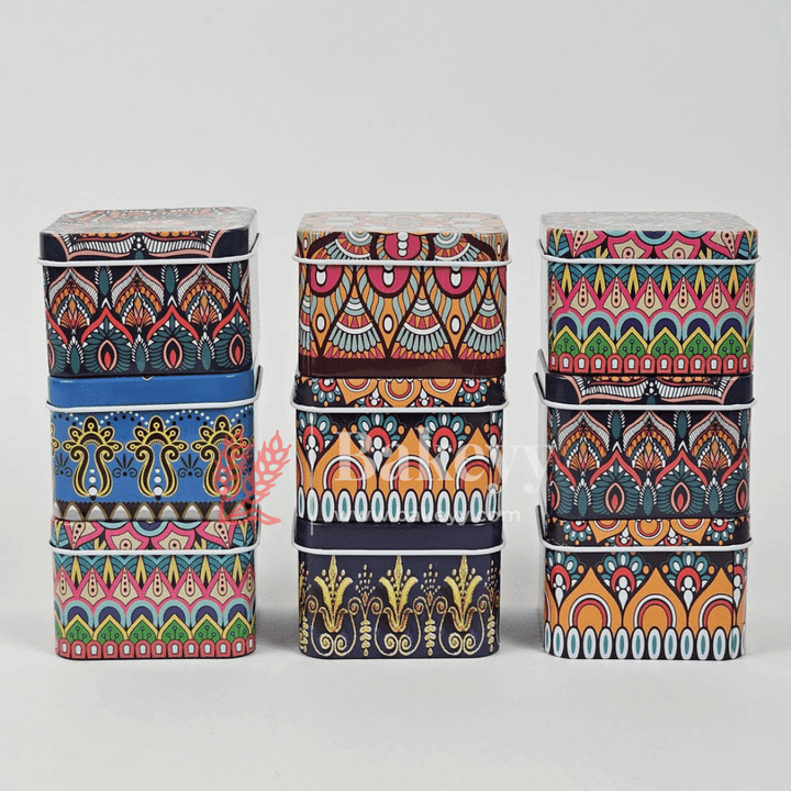 Matka Tin | Square Shaped Decorative Boxes | Pack Of 12 | Candle Tin Box | Different Designs | - Bakeyy.com - India - Matka Tin | Square Shaped Decorative Boxes | Pack Of 12 | Candle Tin Box | Different Designs | - Default Title