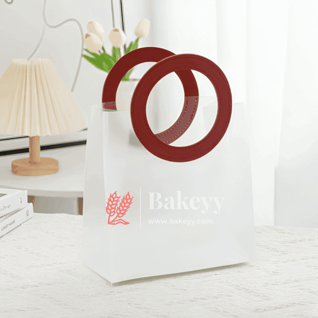 21x11x22 cm| Premium Transparent Gift Bags | Leather Style Maroon Colour Handles| Pack of 10| - Bakeyy.com - India - {{ variant.name }}