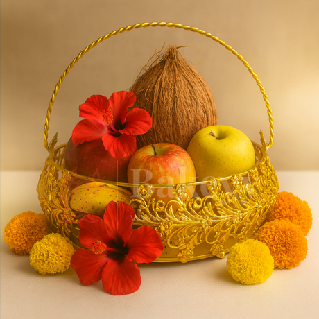 Decorative basket with fruits and flowers on a beige background