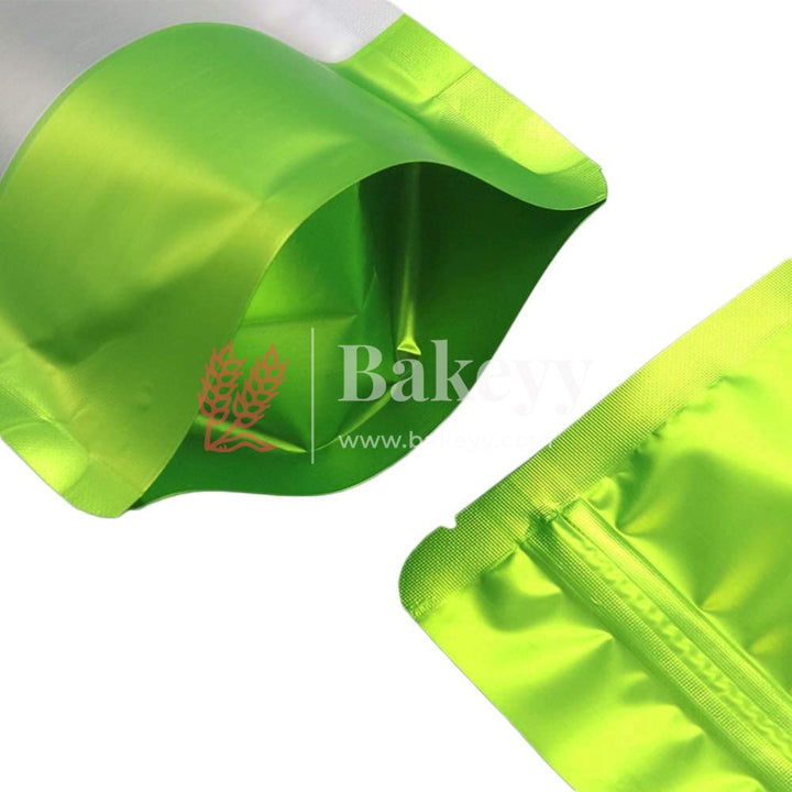 100 gm | Zip Lock Pouch | Green Color With Window | 10x17 CM | Standing Pouch - Bakeyy.com