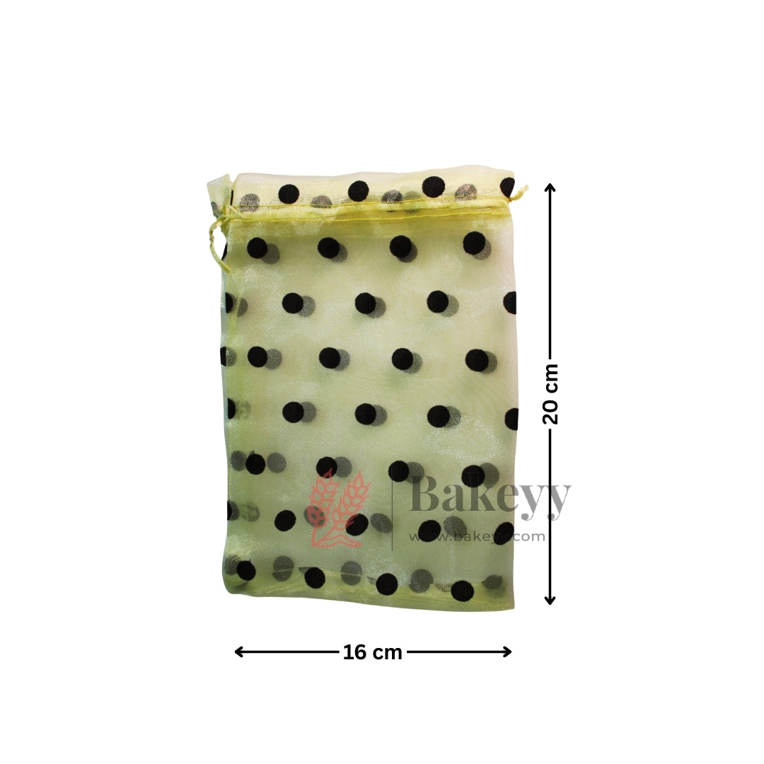 16x20 CM | Polka Dots Organza Potli Bags | Pack of 50 | Lime Yellow Color | Candy Bag