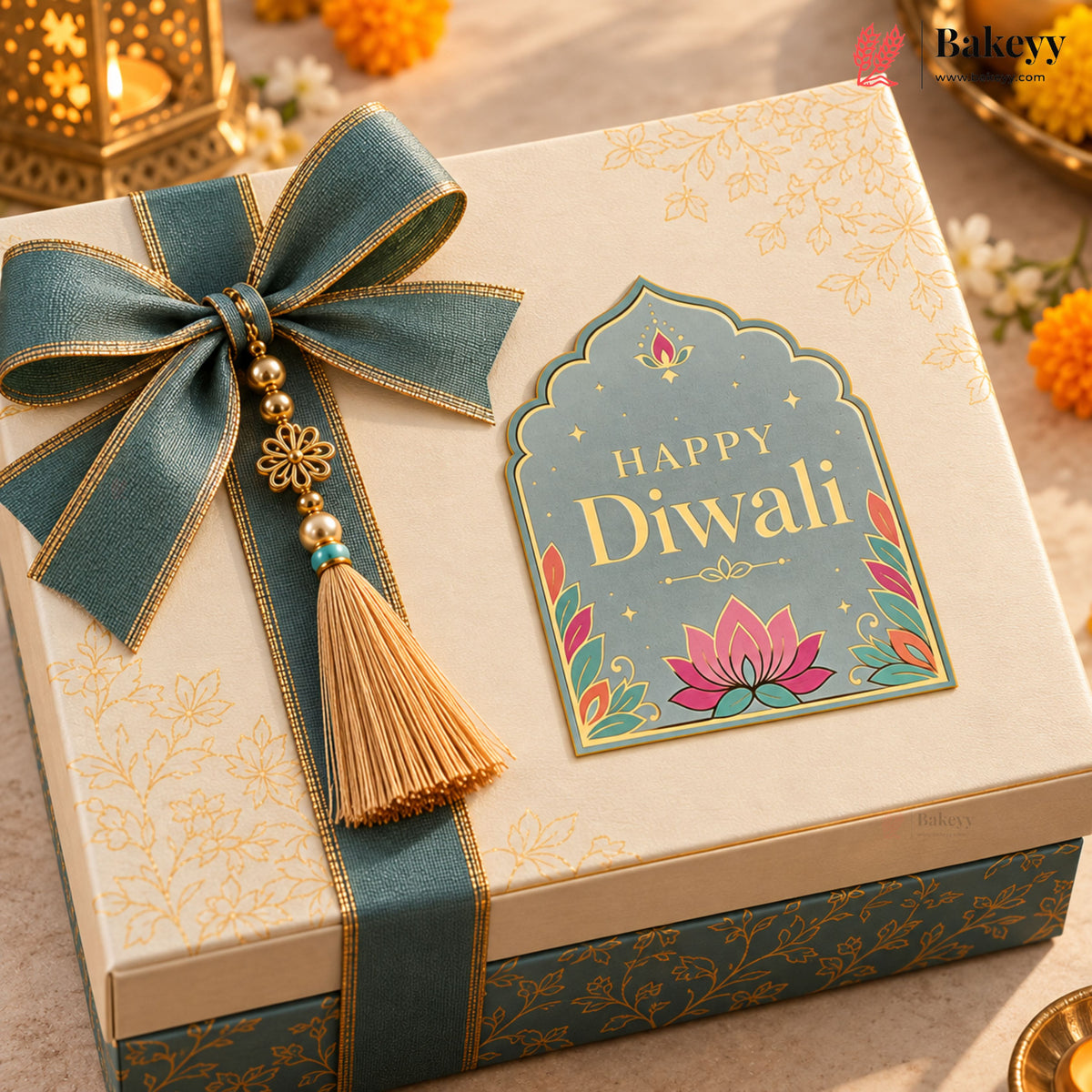 A decorative gift box for Diwali, featuring a cream-colored lid with gold floral patterns, a teal ribbon tied into a large bow with a tassel, and a matching arched 'Happy Diwali' label with a pink lotus flower. The box is styled on a light surface with warm lighting and festive background elements.