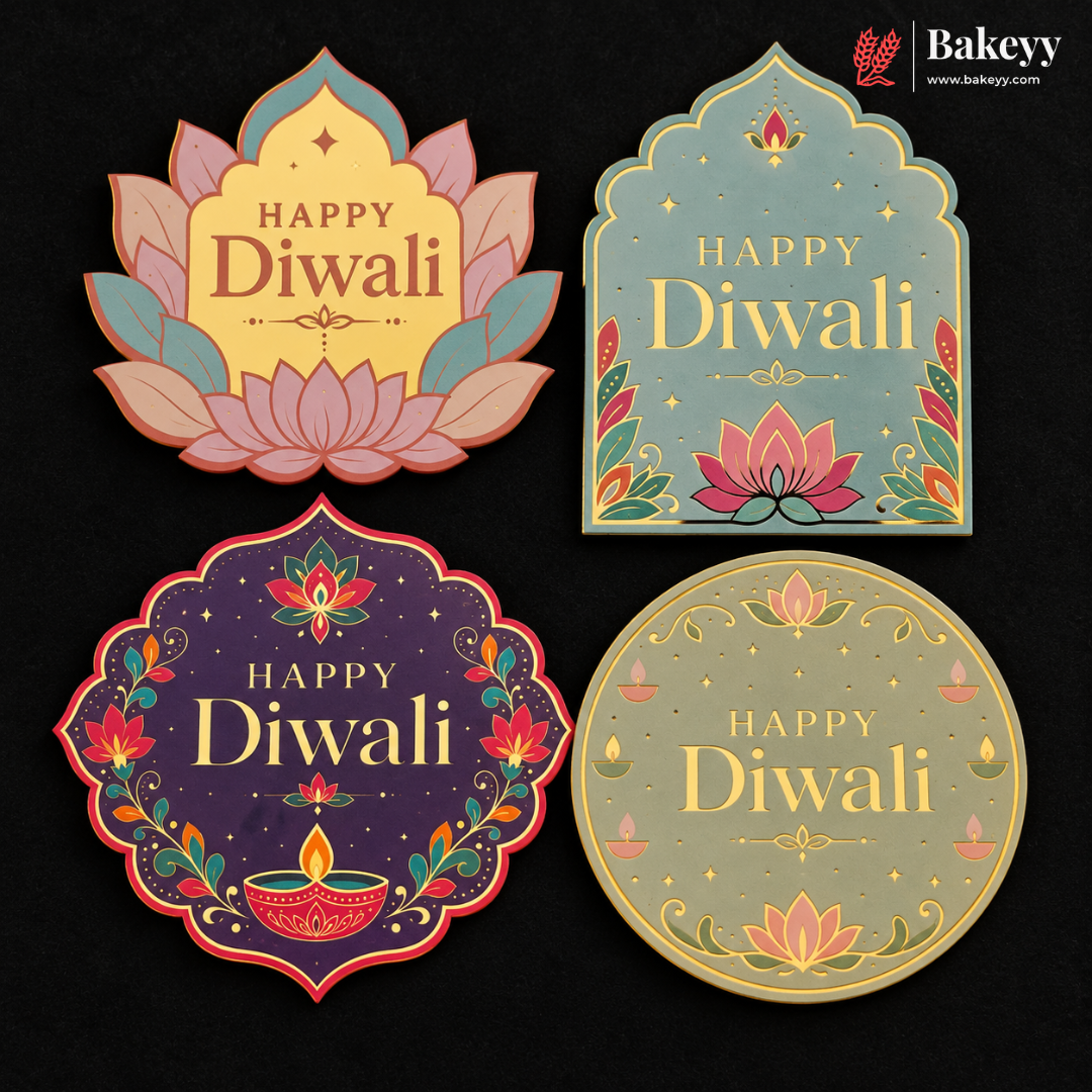 Four decorative Diwali greeting card designs arranged on a black background, with a Bakeyy logo in the top right corner. The designs include pink and teal lotus motifs, gold and purple backgrounds, and traditional festive illustrations such as oil lamps and stars.