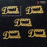 Five gold-colored laser-cut Diwali greeting signs spelling 'HAPPY Diwali' in a cursive font, arranged on a black textured background. Measurement arrows indicate the size of 7 cm (2.