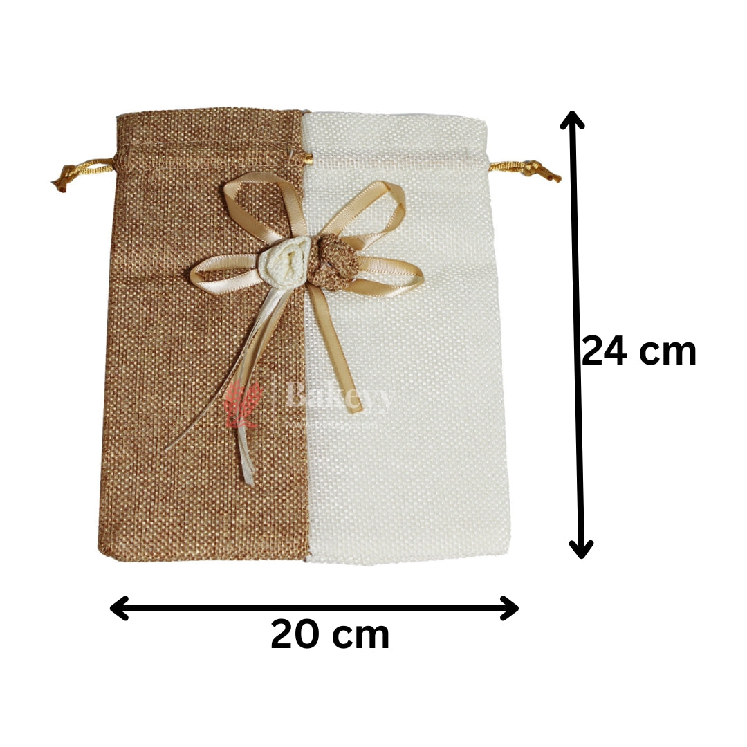 20x24cm| Brown & Cream Jute Potli Bag with Floral Accent | Traditional Potli Bag | Wedding Favor Bag | Jewelry Pouch | Floral Accent Gift Bag | Pack of 10