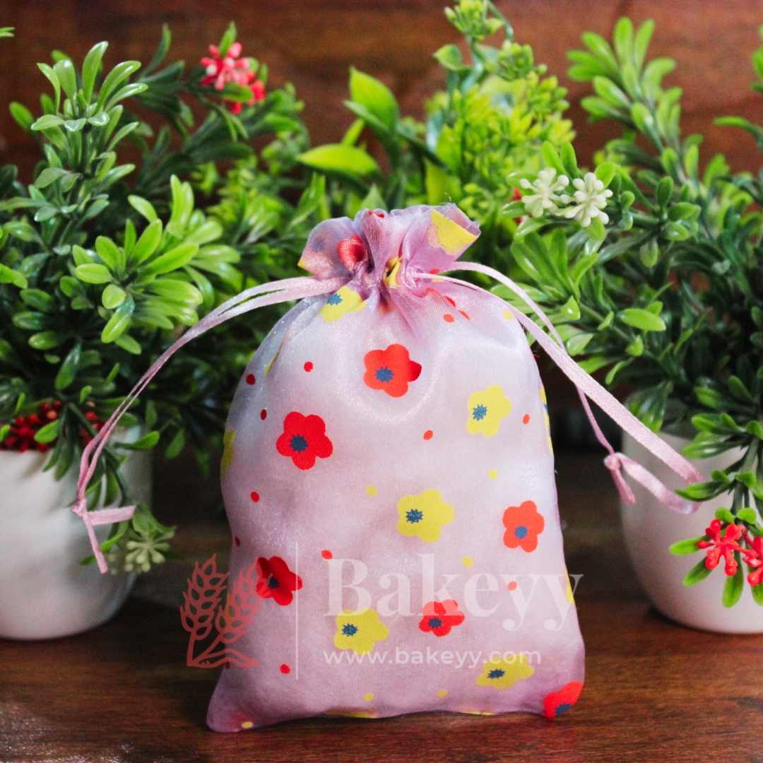 10x14 CM | Floral Designs Organza Potli Bags | Pack of 100 | Violet Color | Candy Bag
