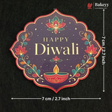 A decorative Diwali-themed label or sticker with the words “Happy Diwali” in gold on a dark purple background, surrounded by floral and diya illustrations in red, orange, and teal. White dimension arrows and text indicate the item is 7 cm / 2.