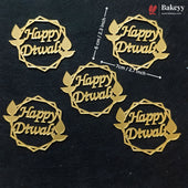 Five gold-colored laser-cut metal 'Happy Diwali' decorations arranged on a black background, with dimension arrows and text indicating 6 cm / 2.3 Inch and 7 cm / 2.