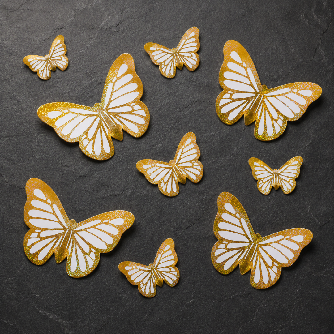 Gold and white butterfly-shaped cookies on a dark surface